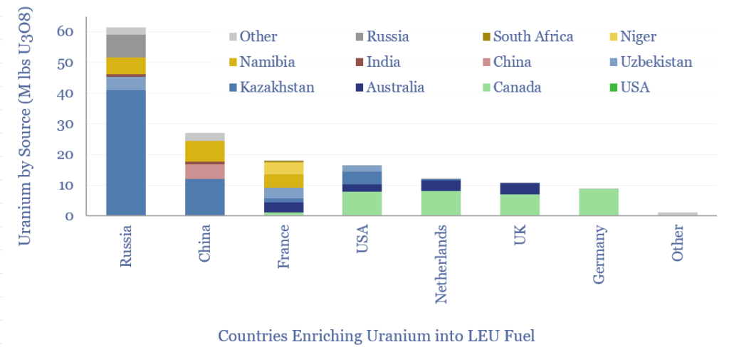 Countries that enrich uranium into low enriched uranium and where they source it from