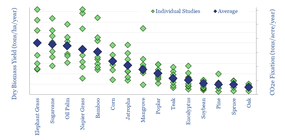 Dry biomass yield for different trees, crops, and grasses.